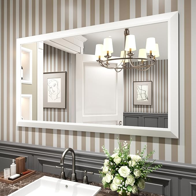 Amorho Bathroom Mirror, 55x32 Inch White Thick Metal Framed Wall Mirrors