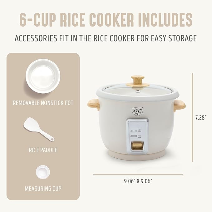 GreenLife Rice Cooker with Removable PFAS-Free Ceramic Nonstick Pot, 3-Cups