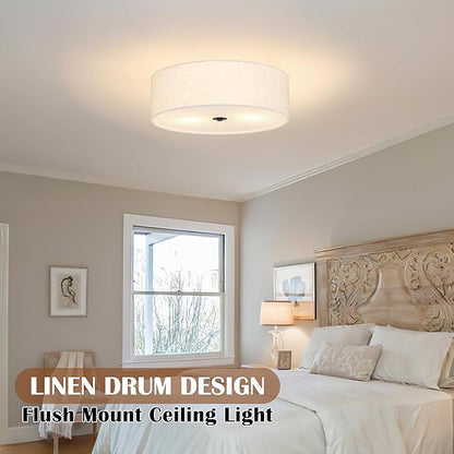 15.7 Inch 3-Light Drum Modern Black Ceiling Light Fixture Flush Mount Ceiling Light Fixture Dimmable Close to Ceiling Light Fixture with Fabric Shade for Living Room Hallway Entryway Bedroom