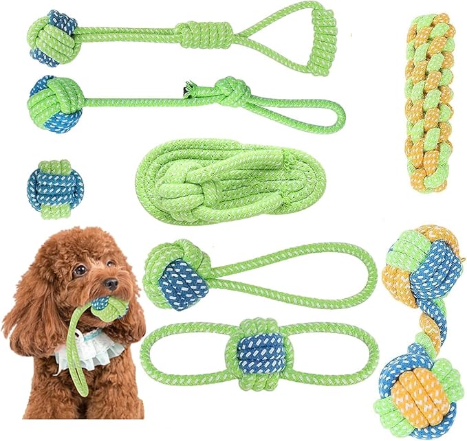 Dog Rope Toys for Small and Medium Dogs Durable Chew Toys for Aggressive Chewers Handwoven Interactive Tug of War and Fetch Toys for Teeth Cleaning, Stress Relief, Training (8Pcs, Ball and Slippers)