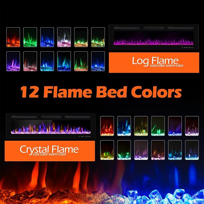 68" Electric Fireplace Wall Mounted and Recessed