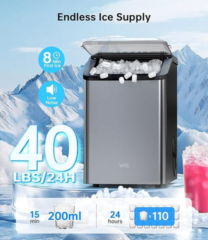 Ice Maker Nugget Countertop 40LBS Pebble Ice Machine, Quick Ice Making