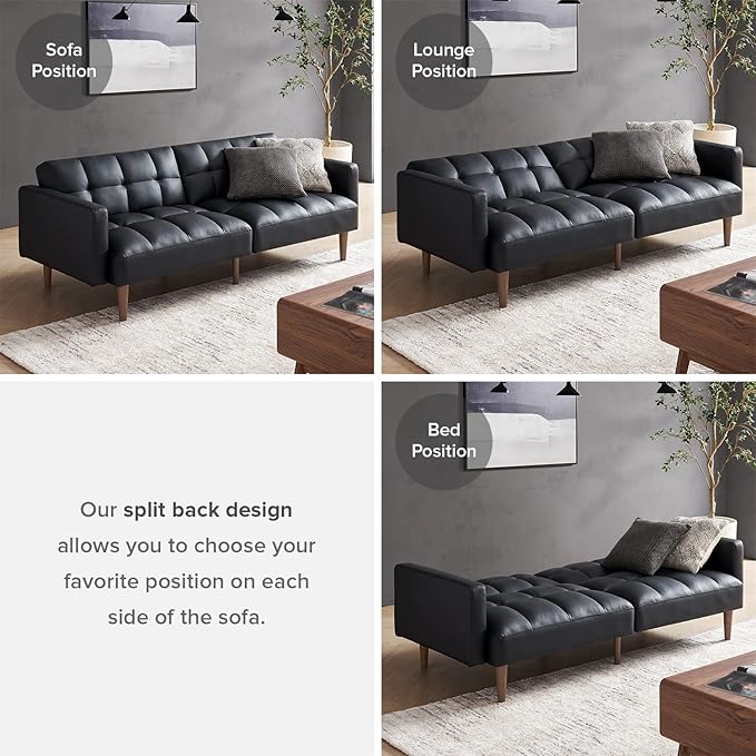 mopio 76.4" Futon Sofa Bed, Couch, Loveseat, Sleeper Sofa, Mid Century Modern Futon Couch, Sofa Cama, Couches for Living Room (Aaron PU, Midnight Black)