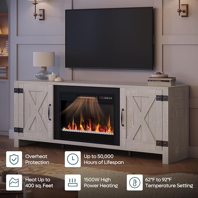 Bestier 63" Fireplace TV Stand for TVs Up to 70", Farmhouse Barn Door