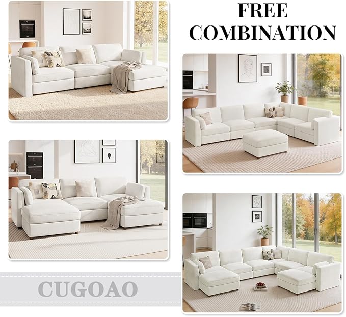 CUGOAO 159'' Modular Sectional Sofa, 8-Seater Oversized U-Shaped Sectional Couch with Ottoman, Deep Seat Chenille Cloud Couch, Mordern Upholstered Couches for Living Room, Apartment, Office, Beige