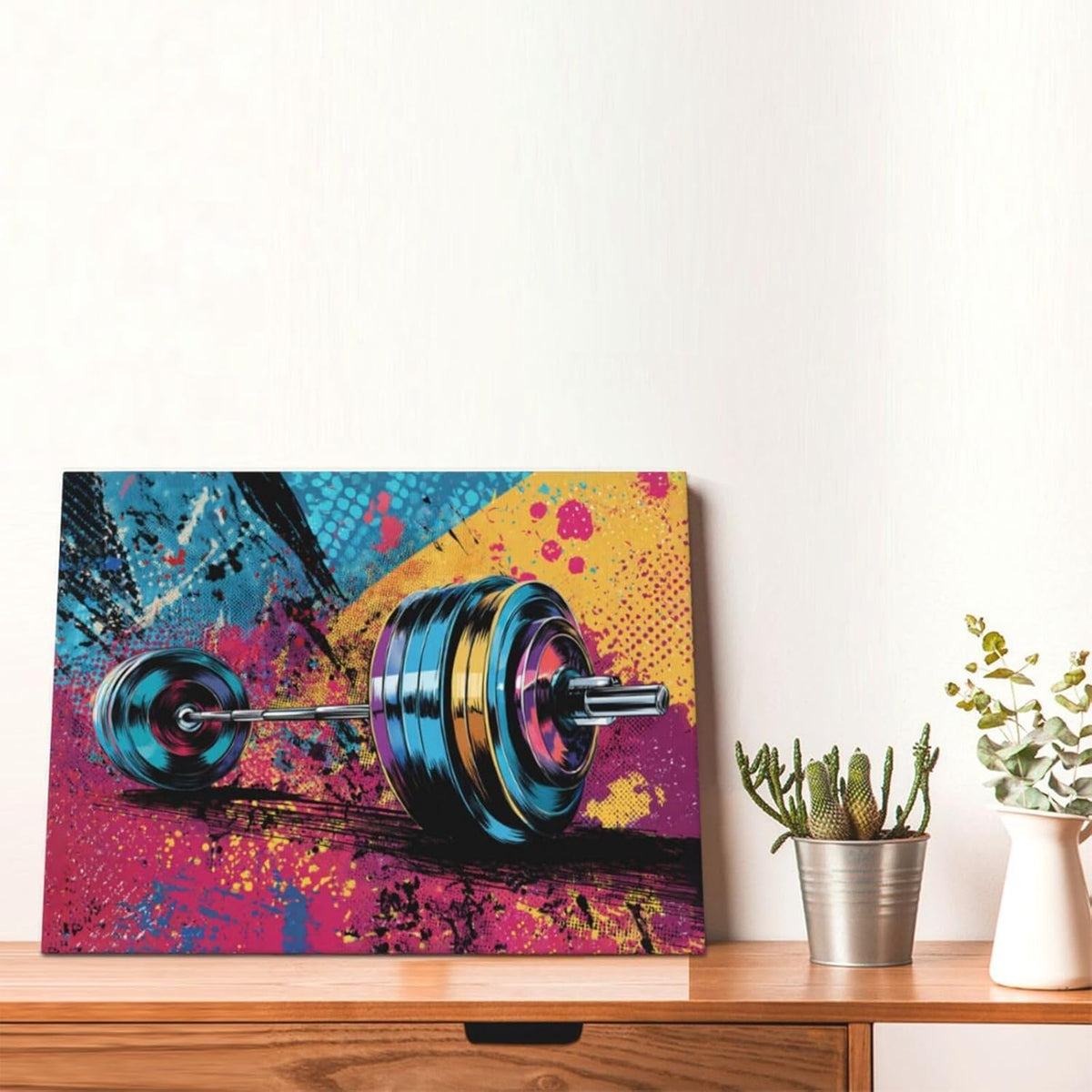 Gym Wall Art Weightlifting Fitness Canvas Wall Decor Barbell Sports Training Pictures Painting Banksy Street Graffiti Print Artwork Framed Decorations Gifts for Sports Lovers Gym Living Room Bedroom 12"x16"