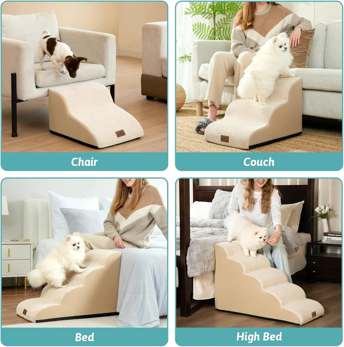 Dog Stairs for Small Dogs 15.7" H, Curved Dog Step for Puppy, Older Cat, Medium Pet Ramp for Sofa, Couch or Chair, Ladder with High Density Foam, 15.7x22.4x15.7 inch, 3 Step, Beige