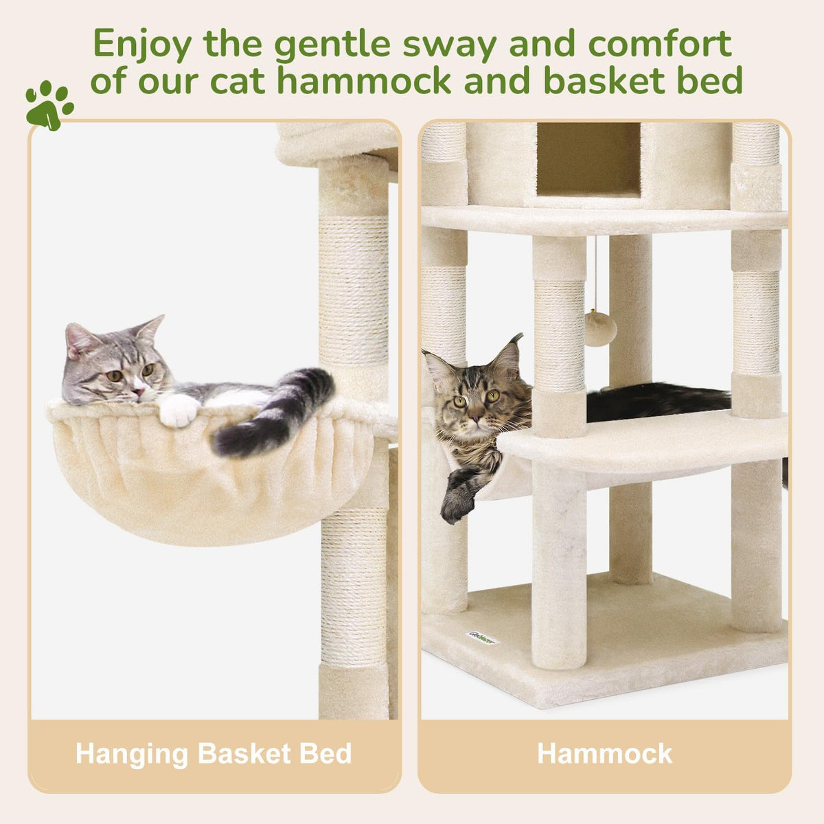 Globlazer Corner Cat Tree, 51in Curved Series Modern Cat Tower for Indoor Cats with Hammock, 7 Sisal Scratching Posts, Large Fan-Shaped Platform for Large Cats, Cat Condo & Hanging Basket, C51, Beige