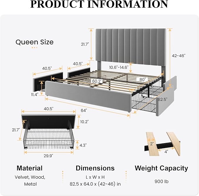 SHA CERLIN Queen Size Platform Bed Frame with 4 Storage Drawers, Vertical Channel Tufted Adjustable Headboard, Velvet Upholstered, Wooden Slats Support, No Box Spring Needed, Easy Assembly, Grey