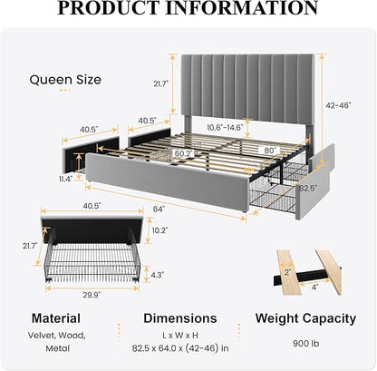 SHA CERLIN Queen Size Platform Bed Frame with 4 Storage Drawers, Vertical Channel Tufted Adjustable Headboard, Velvet Upholstered, Wooden Slats Support, No Box Spring Needed, Easy Assembly, Grey