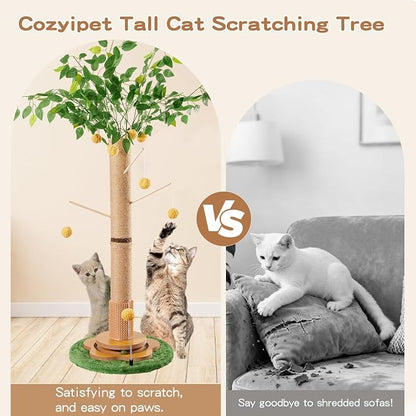45" Tall Cat Scratching Post with Toy | Sisal Rope, Track Balls, Slef-Grooming Brush, Hanging Ball Toy