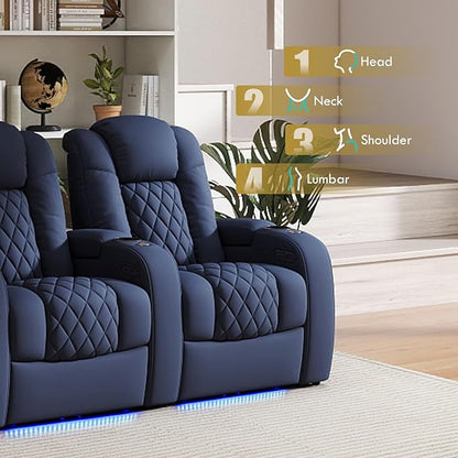 Weilianda Home Theater Seating Top Grain Leather Zero Gravity Recliner Chair Power Headrest Recline Movie Seat Gaming 7 Colors Mood Light Sofa with Tray Table USB Charge Row of 3 Blue