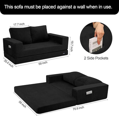 COMAX Convertible Sofa Bed Queen, Folding Fold Out Couch Bed, Floor Futon Couch Corduroy Sleeper Mattress with Back Pillows, Boneless Sofa Comfy Lounge Loveseat for Living Room Bedroom, Black
