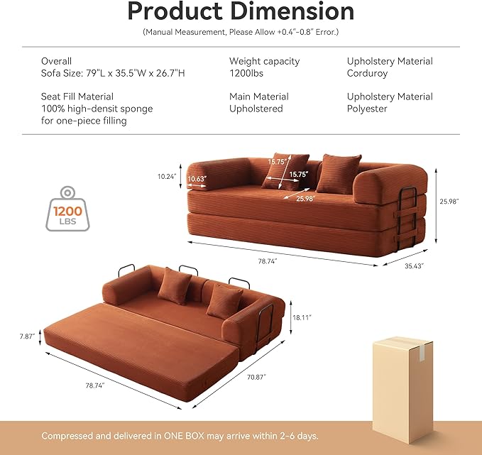 Convertible Sleeper Sofa Bed with Cylindrical Pillow, Modern Corduroy Futon Bed, Modular Sofa with Pull-Out Bed, Love Seat Sleeper for Living Room, Small Space Apartment, Office (Orange)