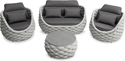 Erotr Aluminum Patio Furniture Set: 4 Pieces Woven Rope Outdoor Conversation Sofa Set Assembled - Modern Cushioned Armchair Couch Set for 660lbs Porch Deck Backyard Poolside Garden Drawing Room Hotel
