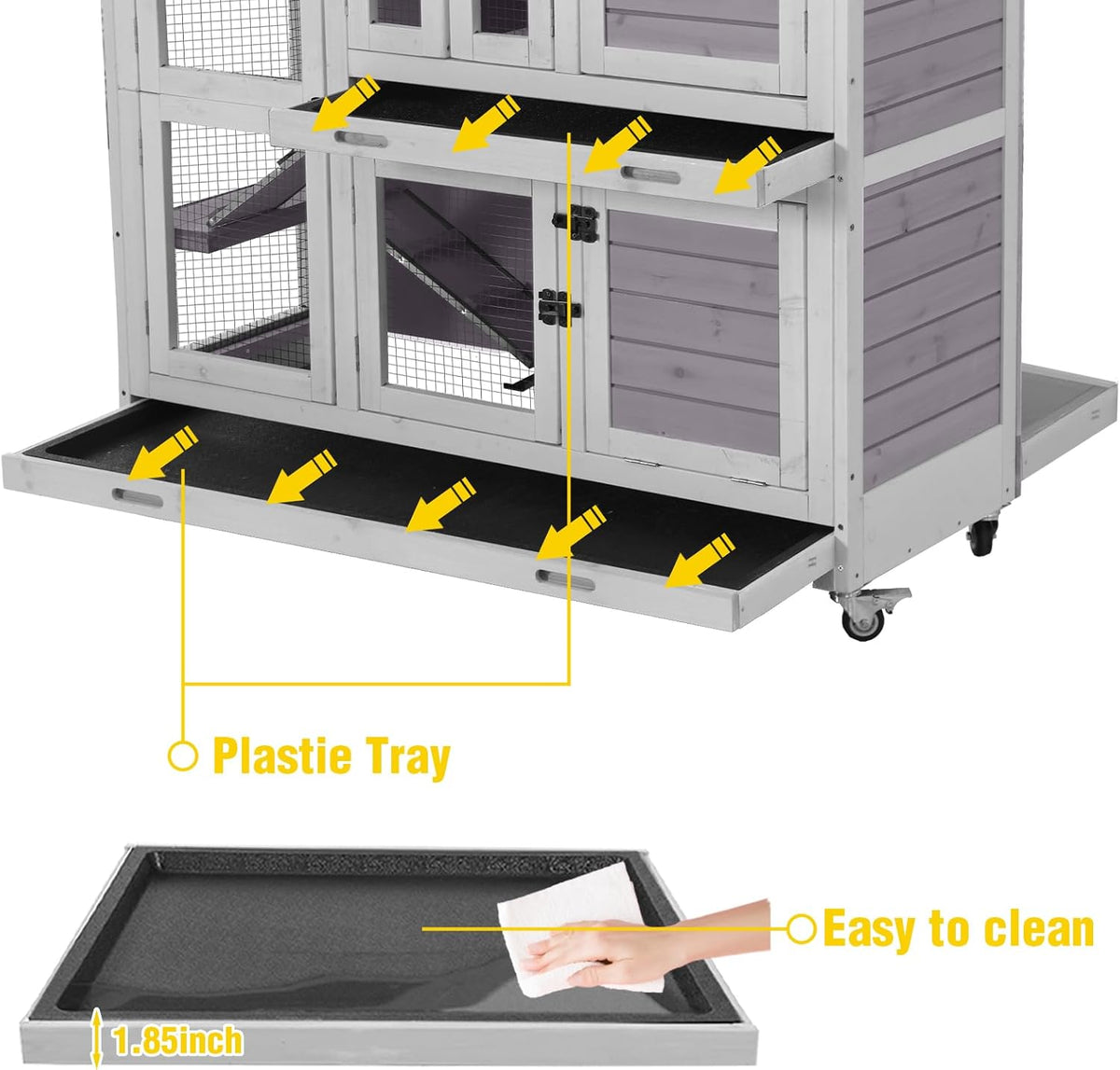 Aivituvin Rabbit Hutch Indoor, Bunny Cage with Wheels, 2-Story Design, 2 Deep Trays, Anti Slip Ramp, Ideal for Small Animals - Grey