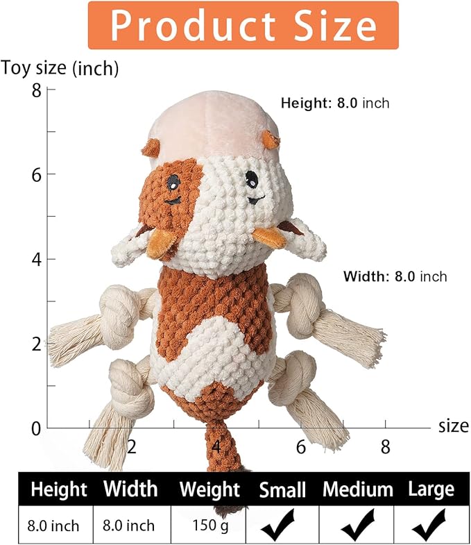 Dog Toys, Dog Plush Toy for Large Breed, Cute Squeaky Dog Toys with Crinkle Paper, Dog Chew Toys for Puppy, Small, Middle, Big Dogs (Cow)
