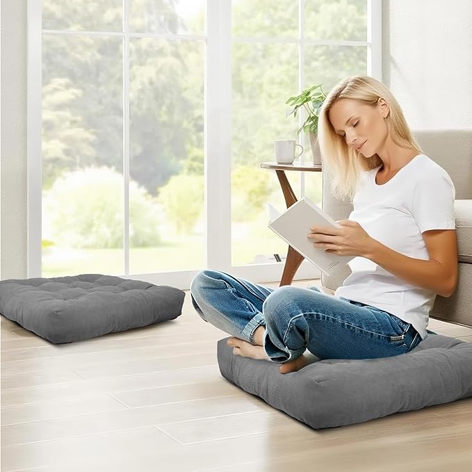 Meditation Floor Pillow Set of 2, Square Large Pillows Seating for Adults, Tufted Corduroy Cushion for Tatami Living Room, 22x22 Inch FP-Grey