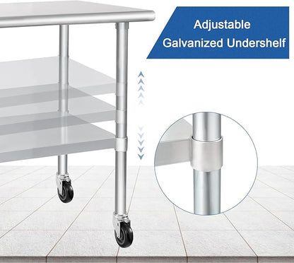 HARDURA Stainless Steel Table with Wheels 24 x 60 Inches Casters NSF Heavy Duty Commercial Work & Prep Table with Undershelf and Galvanized Legs for Restaurant Kitchen Bar and Hotel Garage