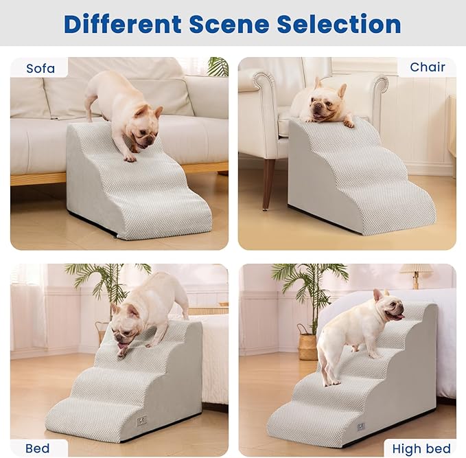 Dog Steps for Bed 17.7" H, 4-Step Pet Stairs Ramp for Small & Medium Dogs | Airpanda Dog Stairs with Washable Cover & High-Density Foam,Gentle Curved,Ideal for Senior & Short-Legged Dogs,Light Grey
