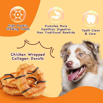 Jungle Calling Dog Treats, Long Lasting Collagen Chews for Dogs, Chicken Wrapped Collagen Donuts, High Protein Rawhide Alternative Chewy Snacks for Medium and Large Dogs (4 Counts)