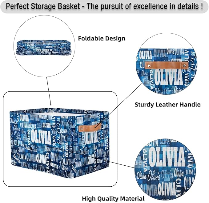 Personalized Storage Bins, Customized Name Storage Basket Rectangle Clothes Organizer for Organizing Kids and Pets Toys Shelf Closet, Blue Geometric Square