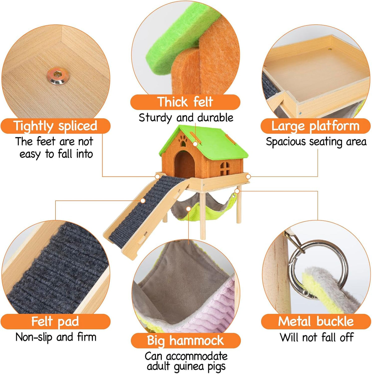 3 in 1 Enlarged Guinea Pig Hammock with House & Platform,Wooden Guinea Pig Hideout with Hammock & Stairs Small Animal Toys for Hiding Sleeping Activities