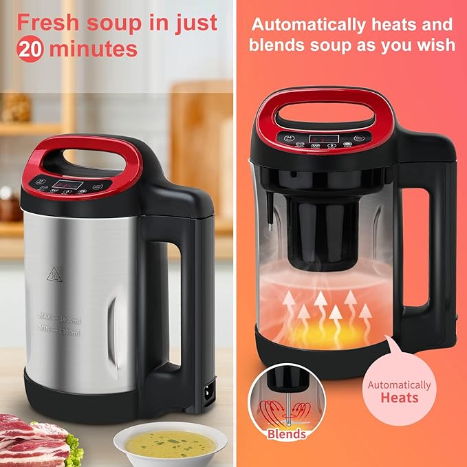 Soup Maker 1.6 L, 4-in-1 Multifunctional Smooth Soup and Chunky Soup Machine