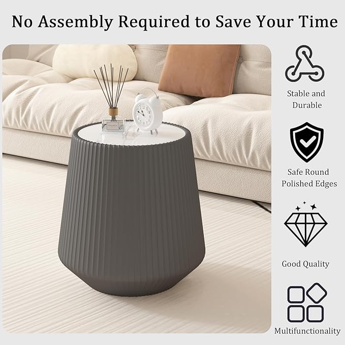 Round Coffee Table Set with Sintered Stone Tabletop, 26.77" Grey Drum Center Table and 19.68" Grey Coffee Table Set, 2 Pieces Living Room Table Set with Fluted PU Leather Cover& Stable Base