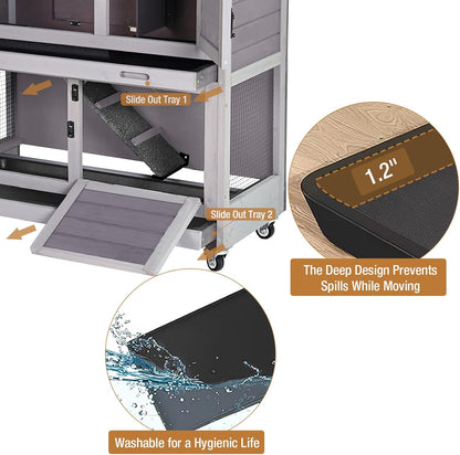 Rabbit Hutch Indoor Outdoor, Bunny Cage with Casters, Guinea Pig Cage Bunny Hutch with Two Plastic Trays 36inch