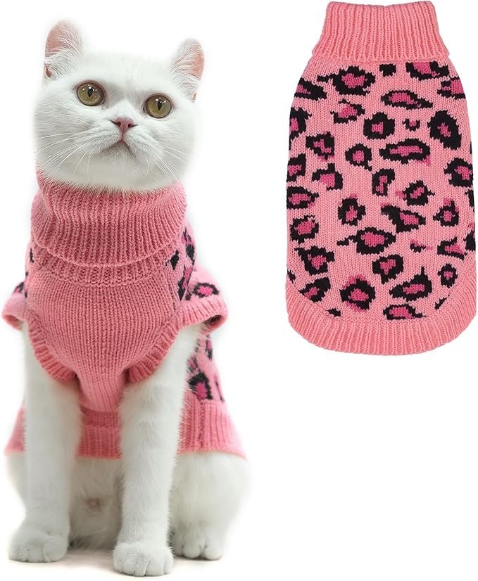 Mihachi Winter Warm Cat Sweater Turtleneck Puppy Pets Sweater Knit Vest Fashion Leopard for Cats Puppy Small Animals Pink Large