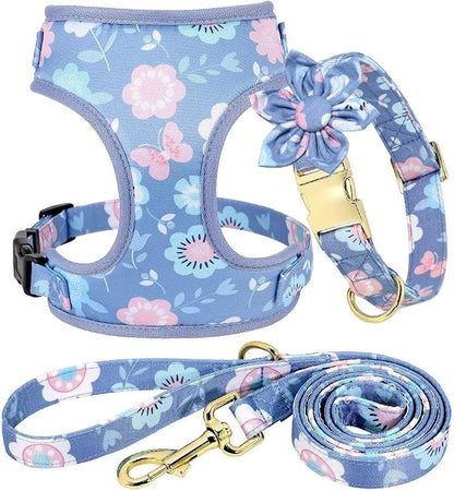 Beirui Cute Dog Collars,Harnesses,Leashes Set, Floral Pattern, Purple,M | Girl Dog Harness Set with Flower, Adjustable and Soft Mesh Lining, For Medium Dogs Daily Walks
