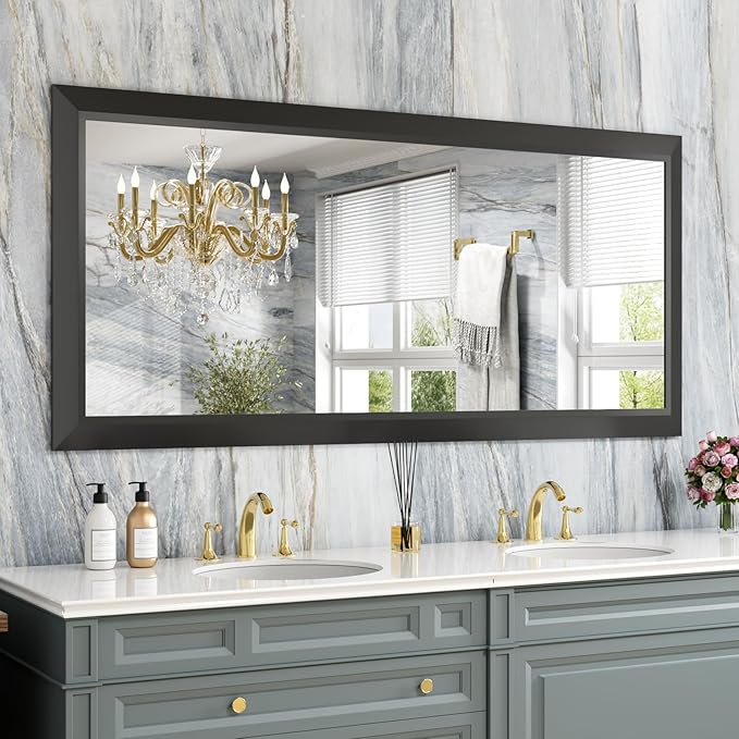 Amorho Black Bathroom Mirror, 60 X28 Inch Thick Metal Framed Wall Mirrors