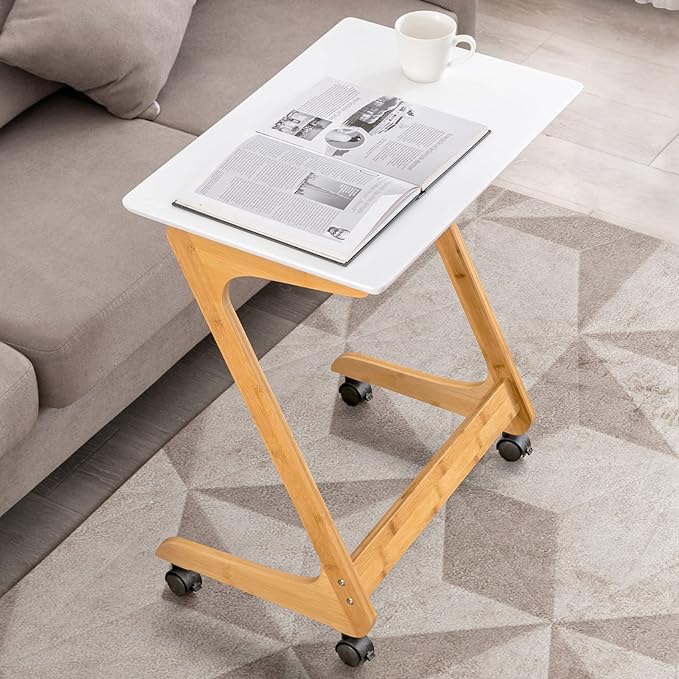 Nnewvante TV Tray, Sofa Side End Laptop Table with Wheels, Desk Snack Tray for Small Spaces Living Room and Bedroom, 23.5 Inch x 15.8 Inch (Standard with 360° Casters, Bamboo/White)