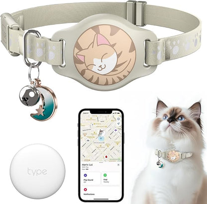 Cat Tracker Collar - Waterproof Airtag Cat Collar with Finder Tag (iOS ONLY), Compatible with Apple Find My, Breakaway Tractive Design with Reflective Pattern & Bell, Khaki(Not for Android Devices)