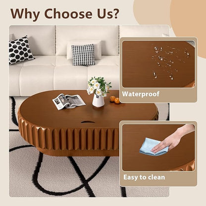 43.3" Oval Drum Coffee Table with Storage Modern Unique Fluted Tea Table Contemporary Wood Oval Coffee Table Centr Table for Living Room Apartment (Brown oval-43.3in)