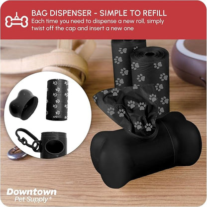 Downtown Pet Supply Poop Bags for Dogs with Dispenser, 220 Count - Leak-Proof Dog Waste Bags and Bone-Shaped Dog Poop Bags Holder for Leash - Black with Paw Prints, 12.5" x 8.5"