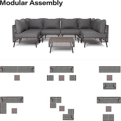 LAUSAINT HOME 7 Pieces Outdoor Sectional Sofa Set, All-Weather PE Wicker Rattan Patio Conversation Set with Thick Cushions & Coffee Table, Patio Furniture Set for Garden, Backyard, Porch (Gray)