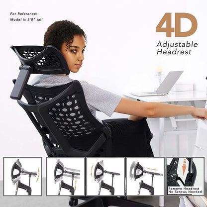 Ergonomic Office Chair with 4D Headrest, Large Mesh Desk Chair with Adjustable Seat Depth, High-Rebound Backrest, Adjustable Arms, 90°-145° Tilt Lock, Comfortable Chair for Home Office