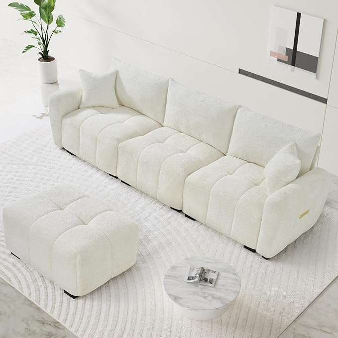 110" L Shaped Modern Boucle Sofa Modular Sectional Cloud Couch with Ottoman, Tufted 4-Seat Deep Seat Sofa with Pillows for Living Room, Bedroom and Apartment, Beige White