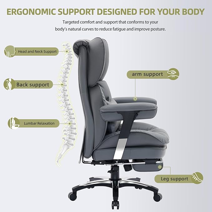 Efomao Big and Tall Office Chair with Footrest – High Back Computer Chair with Adjustable Armrests，Executive Office Chair with Wide Seat, Modern Desk Chair for Home Office, Gaming, or Study, Grey