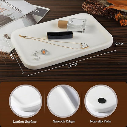 Koville Marble Tray, 12"x8" Marble Vanity Tray for Bathroom Kitchen Countertop, Rectangular Stone Tray for Cosmetics Perfume Trinket, Decorative Catchall Trays (White)