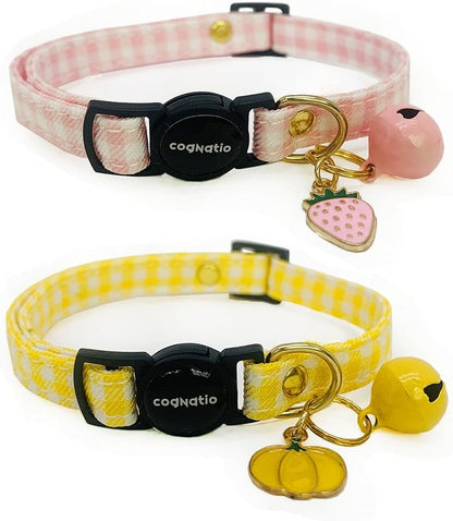 2 Pack Cotton Breakaway cat Collars with Bell,Safety Quick Release Pendant Cute Kitten Collar,Adjustable 20-30cm (Baby Pink+Lemon, 20-30cm)