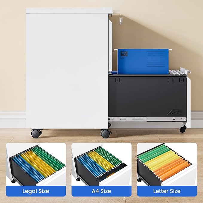 MIIIKO 2 Drawer File Cabinet on Wheels, Home Office Mobile File Drawers Under