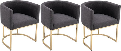 VESCASA Linen Upholstered Dining Chairs with Barrel Back, Mid Century Modern Padded Restaurant Chairs with Gold Metal Frame for Kitchen, Dining Room, Set of 3, Charcoal