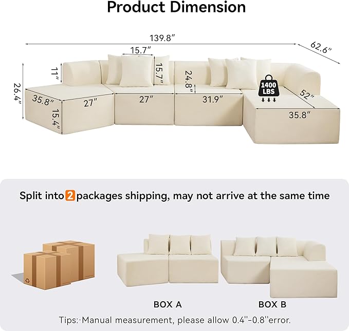 140''Oversized Cloud Velvet Curved Sectional Couch, Boneless Couch with L-Shape Chaise, Upholstered Compression Memory Foam Modular Sectional Sofa for Living Room, No Assembly Required, Beige