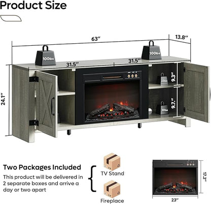 Bestier 63" Fireplace TV Stand for TVs Up to 70", Farmhouse Barn Door