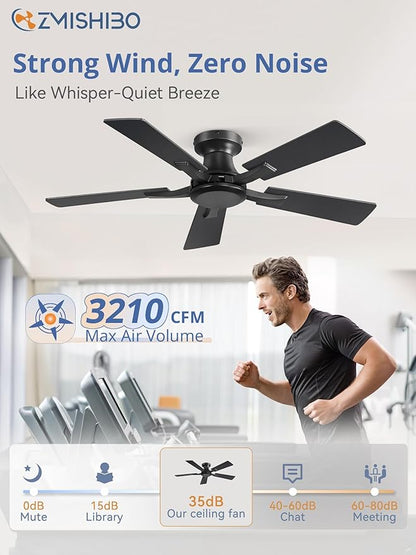 ZMISHIBO 42 Inch Ceiling Fan No Light, Flush Mount Low Profile, Modern Black