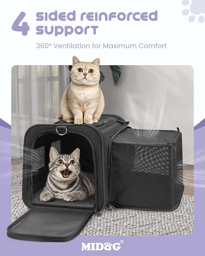 MIDOG Cat Carrier Soft for Small to Medium-Sized Cats,Up to 25 Lbs,TSA Airline Approved Soft Sided Pet Carrier,Collapsible Travel Cat Carry Bag(Black,20 inch x 13 inch x 13 inch)