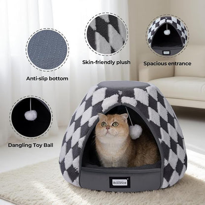 BALANCE Cat Beds for Indoor Cats, 2-in-1 Cat Bed Cave with Anti-Slip Bottom and Ultra-Soft Plush, Cozy Cats House Tent for Kittens and Small Dogs, 19 Inches, Dark Grey
